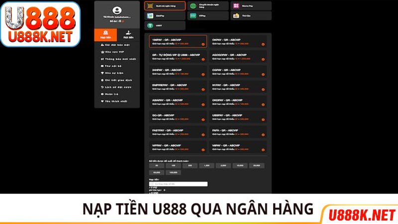 Cách nạp tiền U888 qua ngân hàng